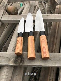 Custom Hand Forged Stainless Steel Damascus Olive Wood Handle Kitchen Knife Set