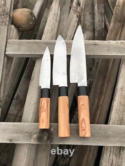Custom Hand Forged Stainless Steel Damascus Olive Wood Handle Kitchen Knife Set