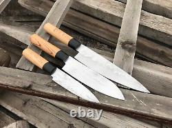 Custom Hand Forged Stainless Steel Damascus Olive Wood Handle Kitchen Knife Set