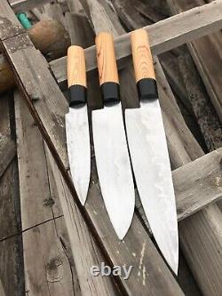 Custom Hand Forged Stainless Steel Damascus Olive Wood Handle Kitchen Knife Set