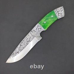 Custom Handmade D2 Steel Hand Engraved Hunting Knife With Leather Sheath