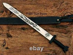 Custom Handmade Stainless Steel Dragon Sword, Leather Cover