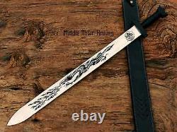 Custom Handmade Stainless Steel Dragon Sword, Leather Cover