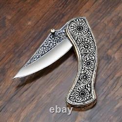 Custom Handmade Stainless Steel Folding Pocket Knife Full Engraved With Sheath