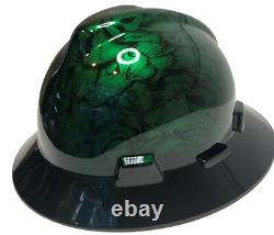 Custom Hard Hat MSA FB Kandy Green Stainless Steel Insanity Skulls Black Brim