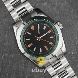 Custom Made 39mm Black Dial MIL Style Watch with Green Crystal NH35 Movement