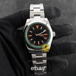 Custom Made 39mm Black Dial MIL Style Watch with Green Crystal NH35 Movement