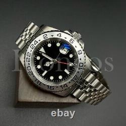 Custom Made GMT Style Watch Automatic Movement Black Dial Silver Bezel