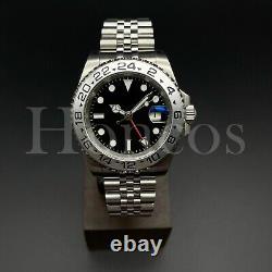 Custom Made GMT Style Watch Automatic Movement Black Dial Silver Bezel