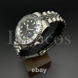 Custom Made GMT Style Watch Automatic Movement Black Dial Silver Bezel