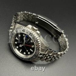 Custom Made GMT Style Watch Automatic Movement Black Dial Silver Bezel