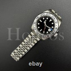 Custom Made GMT Style Watch Automatic Movement Black Dial Silver Bezel