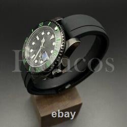 Custom Made MODS SUB Watch Black Rubber NH35 Auto Movement Black/Green Bezel