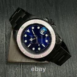 Custom Made SUB Style Watch SKX NH35 Movement Blue Dial Pink/White Bezel Oyster