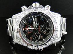 Custom Mens XL Breitling Black Dial Genuine Diamond S. Steel Band Watch 2.5 Ct