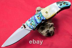 Custom Ts Handmade Folding Knife 440c Abalone Yellow Pearl Titanium Plated Screw