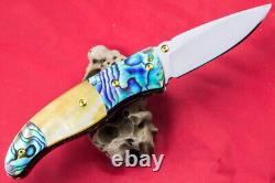 Custom Ts Handmade Folding Knife 440c Abalone Yellow Pearl Titanium Plated Screw