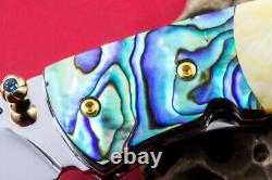 Custom Ts Handmade Folding Knife 440c Abalone Yellow Pearl Titanium Plated Screw