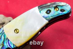 Custom Ts Handmade Folding Knife 440c Abalone Yellow Pearl Titanium Plated Screw