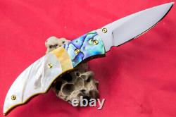 Custom Ts Handmade Folding Knife 440c Abalone Yellow White Pearl Titanium Screw