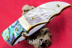 Custom Ts Handmade Folding Knife 440c Abalone Yellow White Pearl Titanium Screw