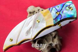 Custom Ts Handmade Folding Knife 440c Abalone Yellow White Pearl Titanium Screw