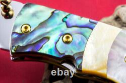 Custom Ts Handmade Folding Knife 440c Abalone Yellow White Pearl Titanium Screw