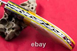 Custom Ts Handmade Folding Knife 440c Abalone Yellow White Pearl Titanium Screw