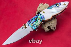 Custom Ts Handmade Folding Knife 440c Drop Point Abalone White Pearl Gem Stud