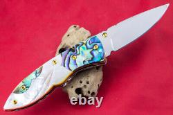 Custom Ts Handmade Folding Knife 440c Drop Point Abalone White Pearl Gem Stud