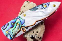 Custom Ts Handmade Folding Knife 440c Drop Point Abalone White Pearl Gem Stud