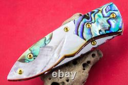 Custom Ts Handmade Folding Knife 440c Drop Point Abalone White Pearl Gem Stud