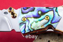 Custom Ts Handmade Folding Knife 440c Drop Point Abalone White Pearl Gem Stud