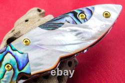 Custom Ts Handmade Folding Knife 440c Drop Point Abalone White Pearl Gem Stud