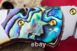 Custom Ts Handmade Folding Knife 440c Drop Point Abalone White Pearl Gem Stud