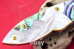 Custom Ts Handmade Folding Knife 440c Drop Point Abalone White Pearl Gem Stud