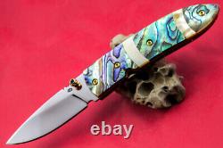 Custom Ts Handmade Folding Knife 440c Drop Point Abalone Yellow Pearl Topaz Stud