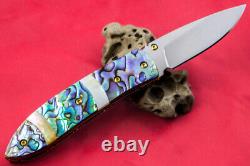 Custom Ts Handmade Folding Knife 440c Drop Point Abalone Yellow Pearl Topaz Stud