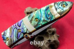 Custom Ts Handmade Folding Knife 440c Drop Point Abalone Yellow Pearl Topaz Stud