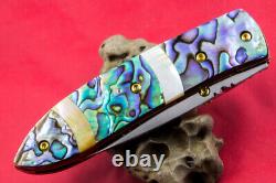 Custom Ts Handmade Folding Knife 440c Drop Point Abalone Yellow Pearl Topaz Stud