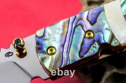 Custom Ts Handmade Folding Knife 440c Drop Point Abalone Yellow Pearl Topaz Stud