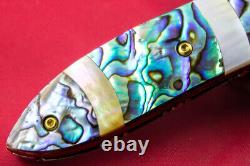 Custom Ts Handmade Folding Knife 440c Drop Point Abalone Yellow Pearl Topaz Stud