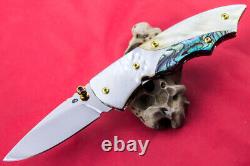 Custom Ts Handmade Folding Knife 440c White Yellow Pearl Abalone Titanium Screw