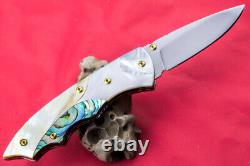 Custom Ts Handmade Folding Knife 440c White Yellow Pearl Abalone Titanium Screw