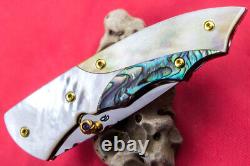 Custom Ts Handmade Folding Knife 440c White Yellow Pearl Abalone Titanium Screw