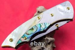 Custom Ts Handmade Folding Knife 440c White Yellow Pearl Abalone Titanium Screw