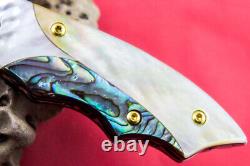 Custom Ts Handmade Folding Knife 440c White Yellow Pearl Abalone Titanium Screw