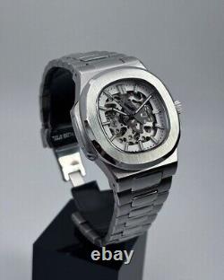Custom White Skeleton Watch 40mm Stainless Steel Automatic Movement