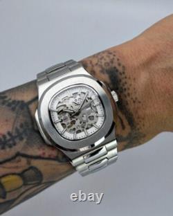 Custom White Skeleton Watch 40mm Stainless Steel Automatic Movement