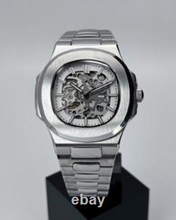 Custom White Skeleton Watch 40mm Stainless Steel Automatic Movement